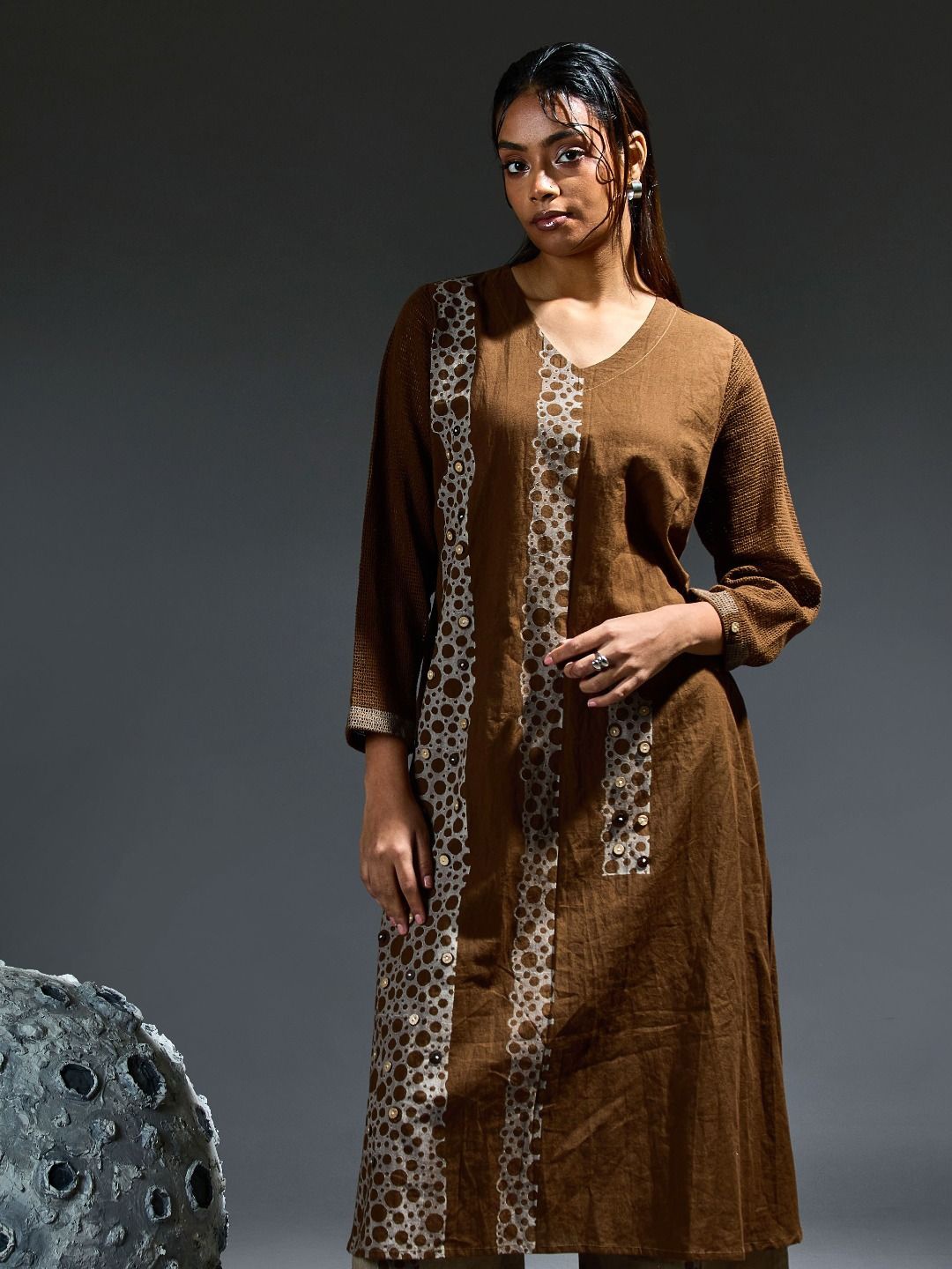 

Banana Labs Women Polka Dots Printed A-Line Midi Dress, Brown