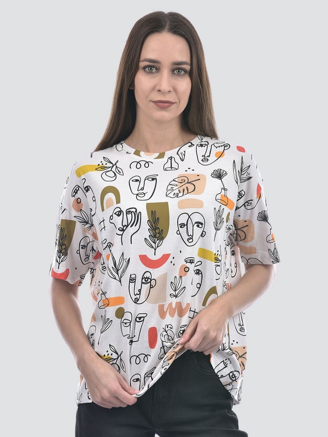 

ONLY Women Abstract Printed Round Neck Cotton Oversized T-shirt, White