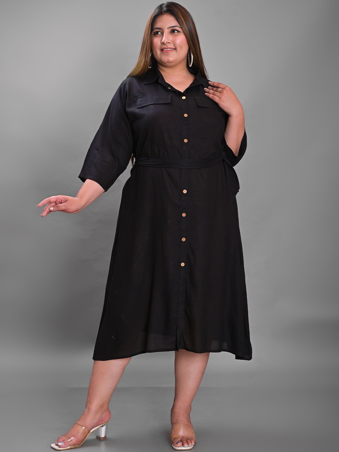 

Kaheksa Solid Shirt Style Midi Dress Comes with a belt, Black