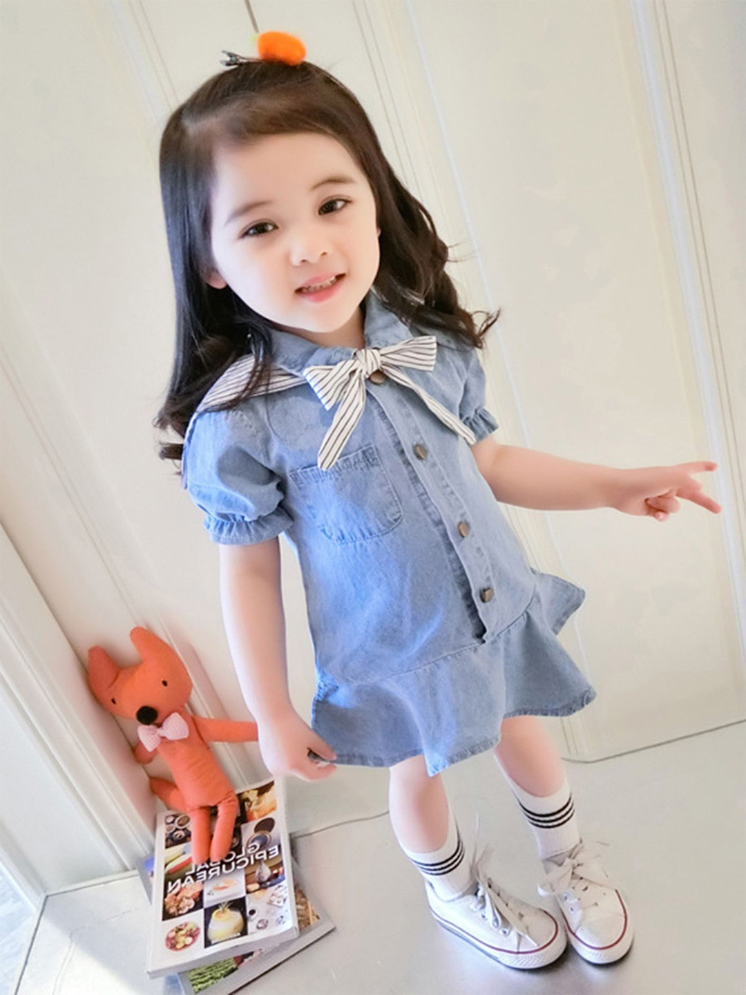 

LULU & SKY Girl Shirt Collar Puff Sleeve Knee Length A-Line Dress, Blue
