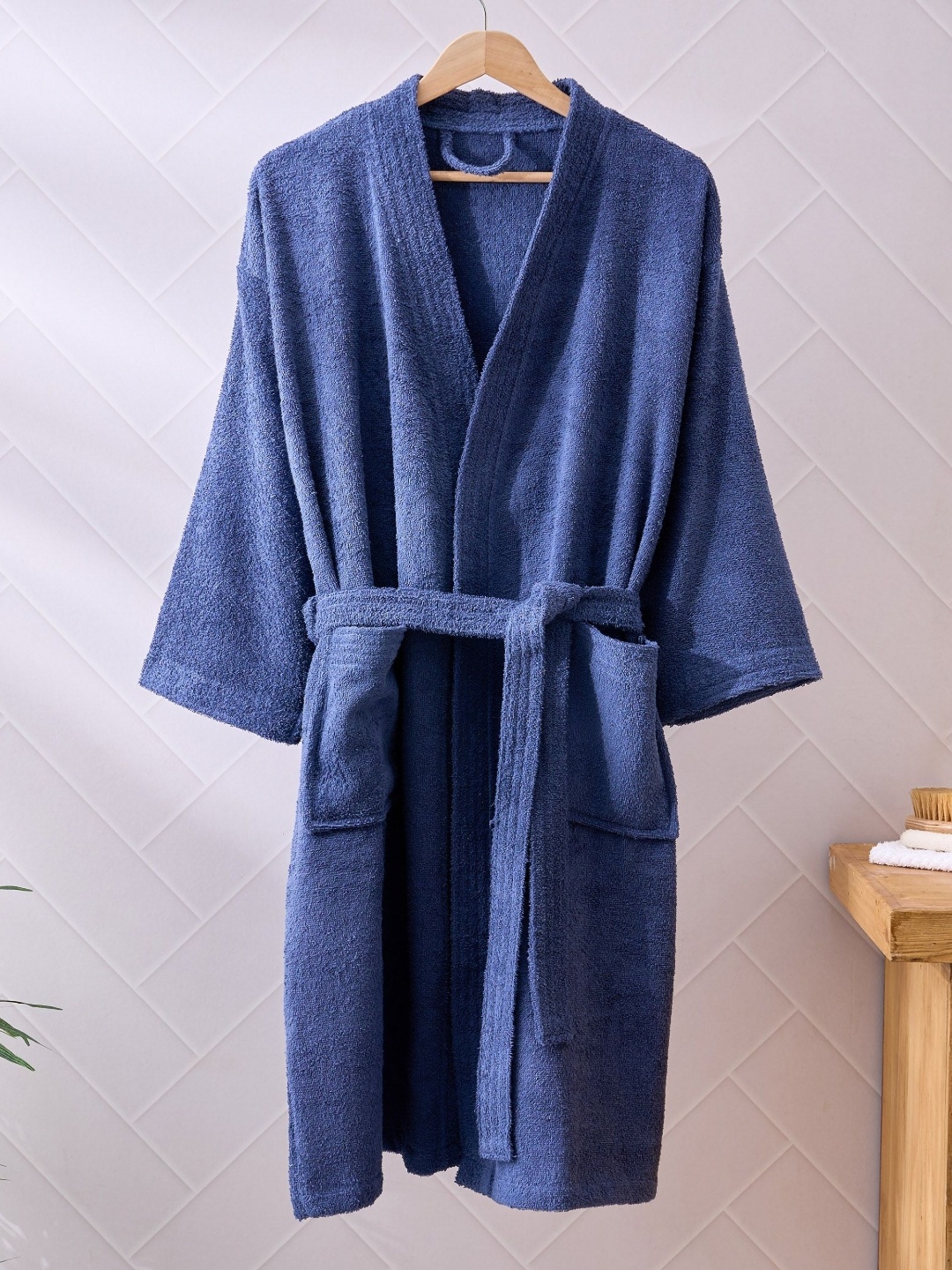 

Home Centre Pure Cotton Shawl Collar Neck Bath Robe, Blue