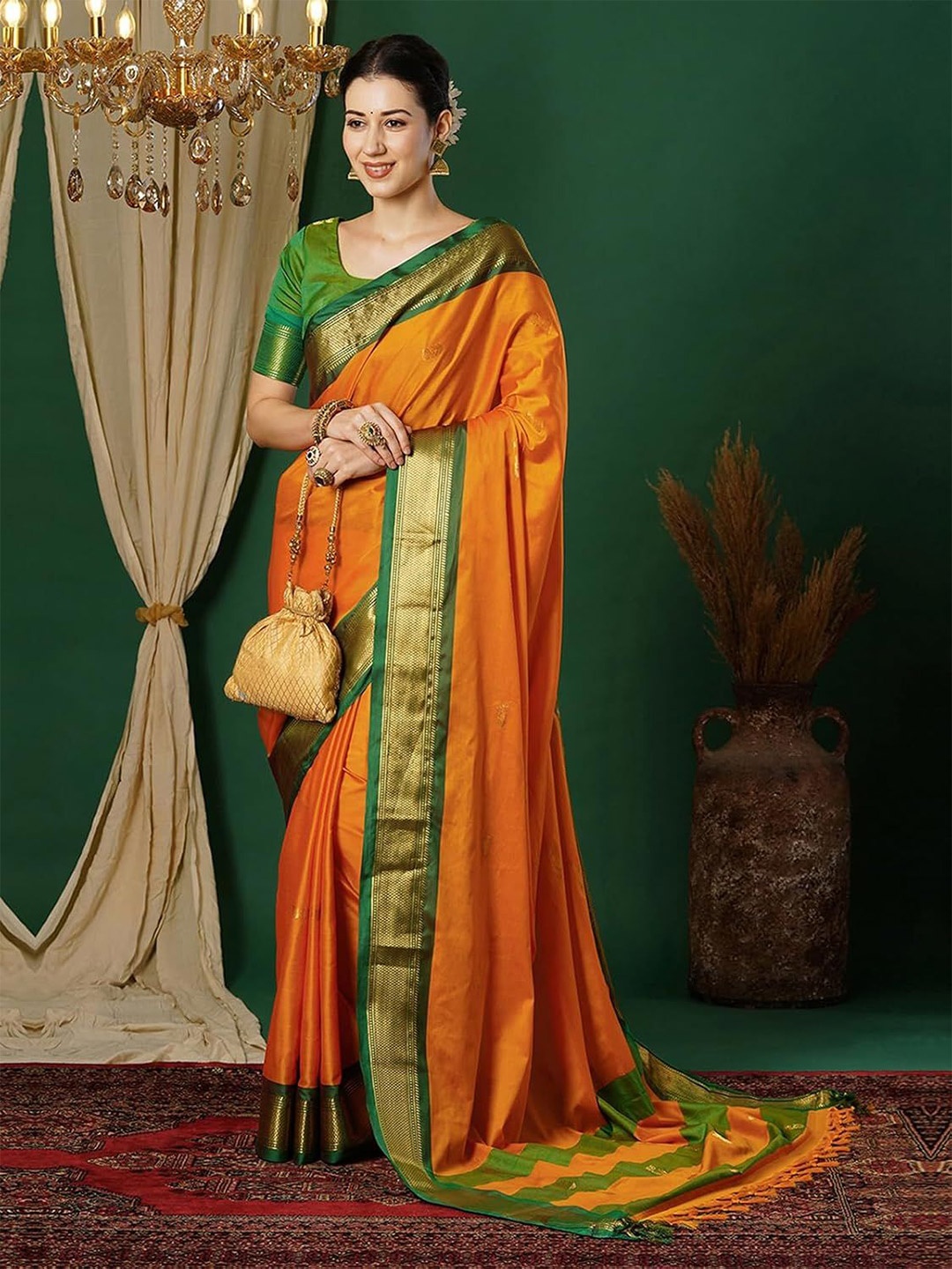 

HMP Fashion Woven Design Paithani Saree, Orange