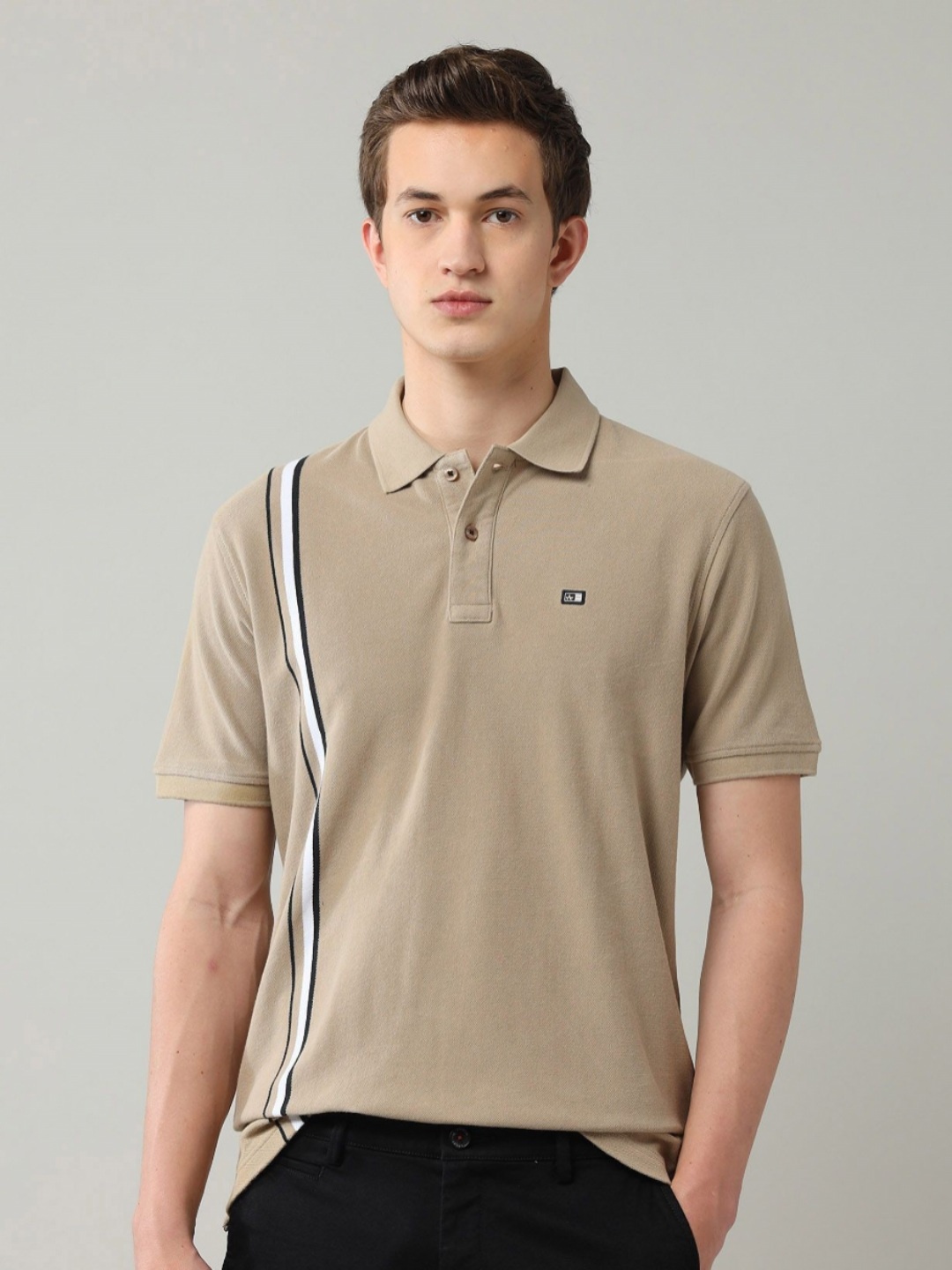 

Arrow Sport Men Brand Logo Striped Polo Collar Applique T-shirt, Beige