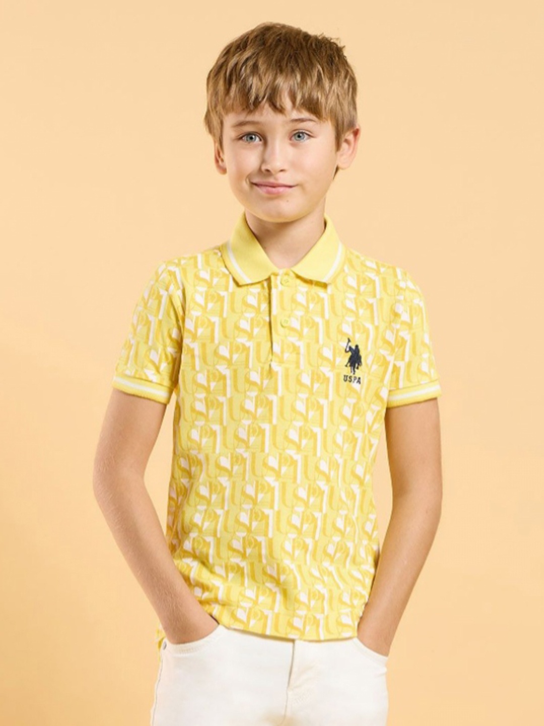 

U.S. Polo Assn. Kids Boys Typography Printed Polo Collar Cotton T-shirt, Yellow