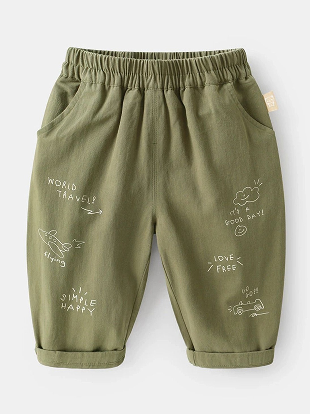 

LULU & SKY Boys Printed Mom Fit High-Rise Cotton Trouser, Green