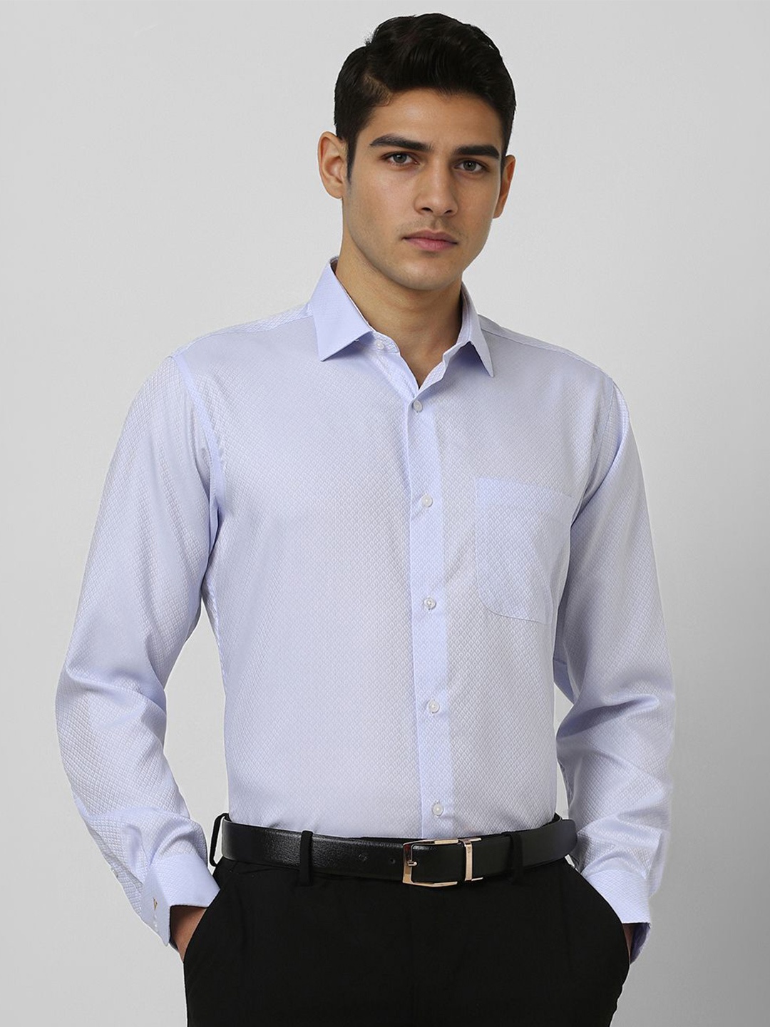 

Van Heusen Men Regular Fit Spread Collar Abstract Printed Cotton Formal Shirt, Blue
