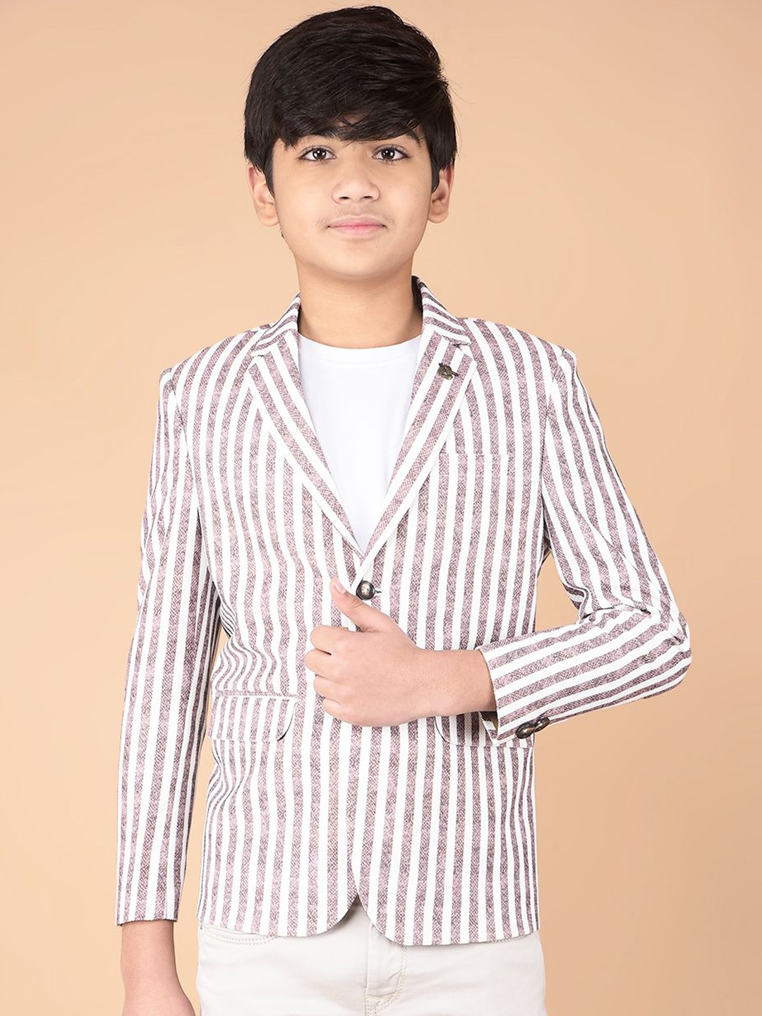 

Crimsoune Club Boys Striped Notched Lapel Collar Cotton Single-Breasted Blazer, Brown