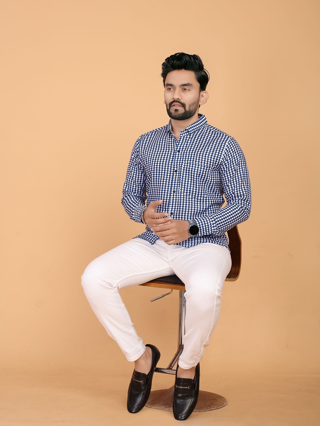 

FABRIPPLE Men Classic Regular Fit Spread Collar Gingham Checked Casual Shirt, Blue