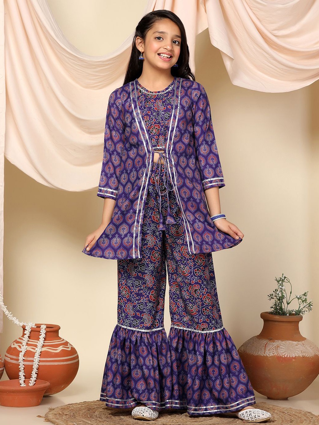 

Sangria Girls Floral Printed Round Neck Crop Top And Shrug With Sharara, Violet