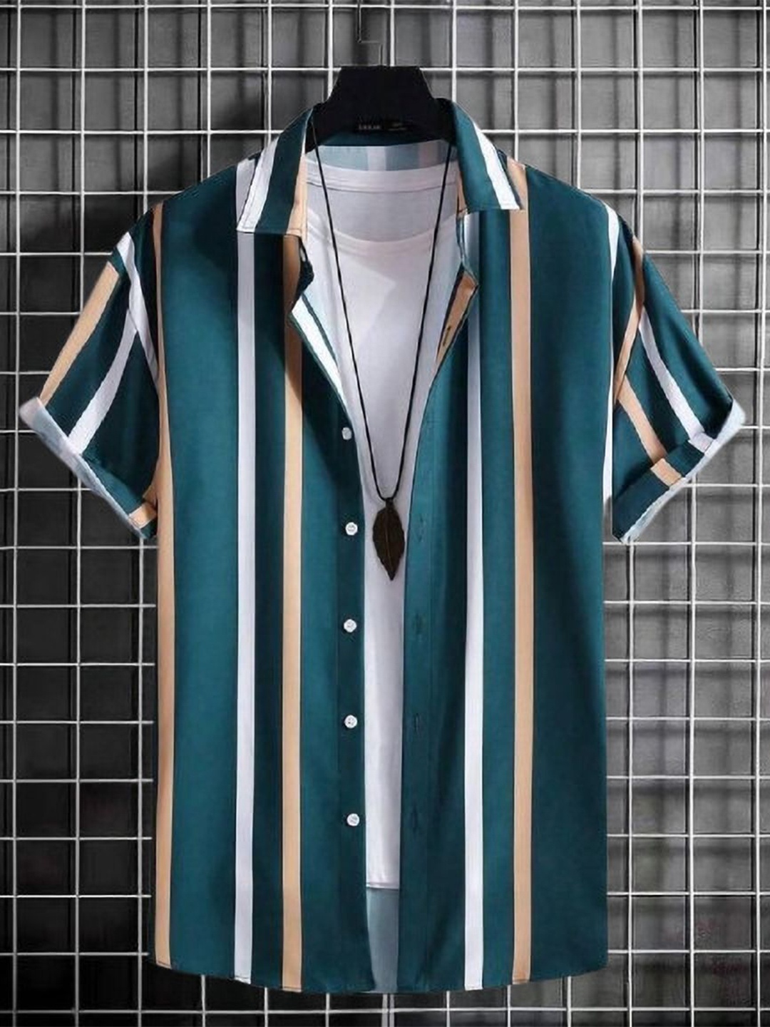 

iCome Men Spread Collar Vertical Striped Casual Shirt, Black