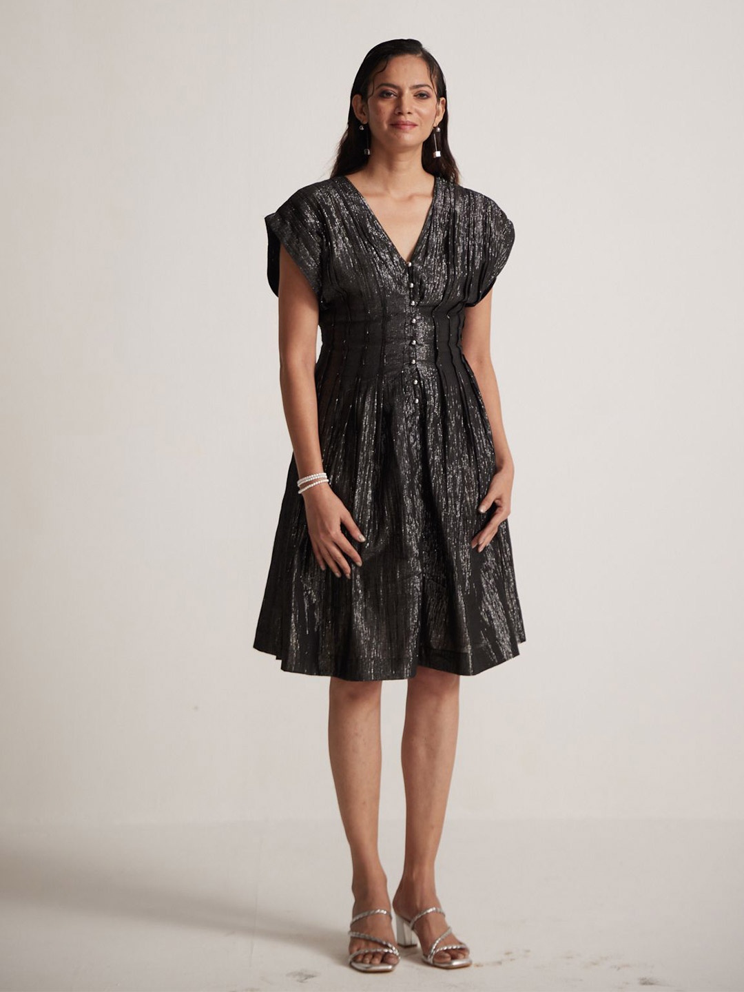 

Western Era Women Fit And Flare Knee Length Cap Sleeve Smocked Flared Dress, Black