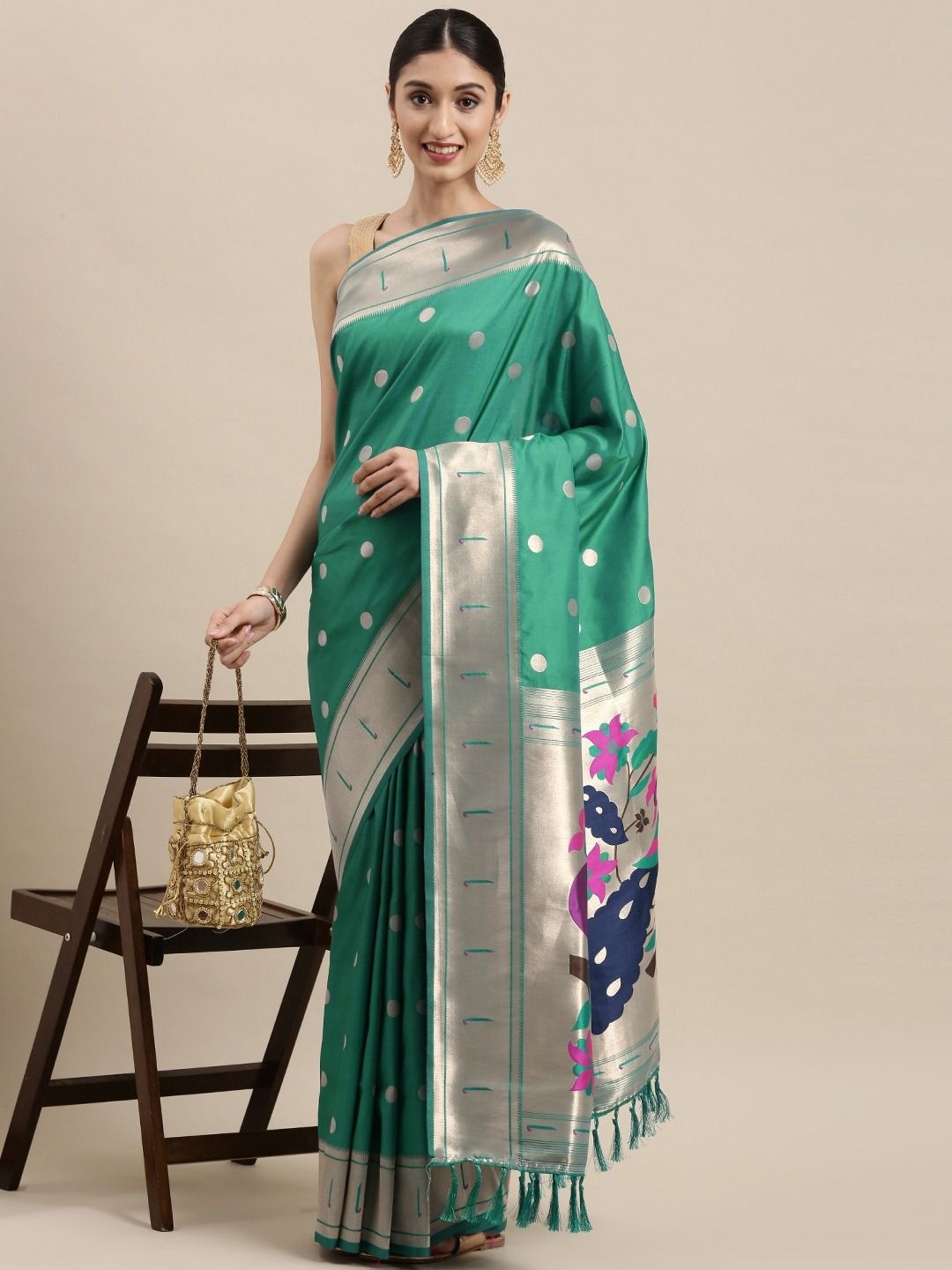 

DIVASTRI Woven Design Zari Silk Blend Paithani Saree, Teal