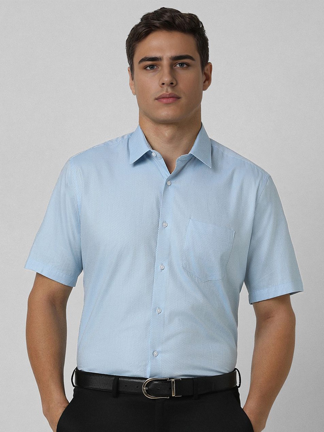 

Van Heusen Men Slim Fit Spread Collar Textured Cotton Formal Shirt, Blue