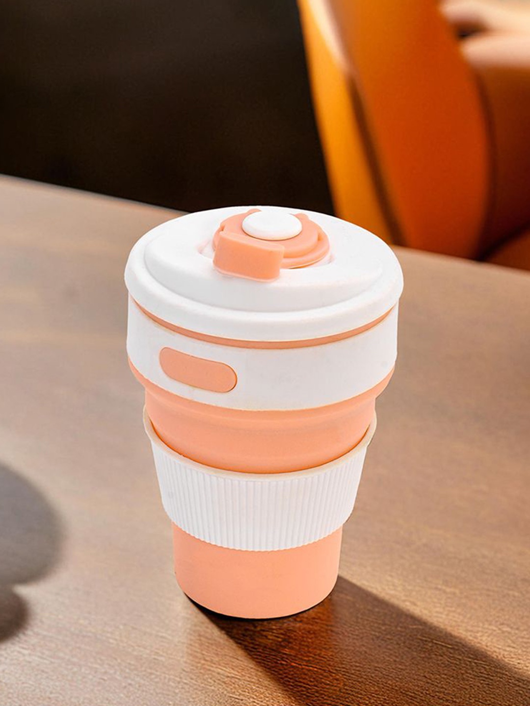 

Kuber Industries Orange & White 3 Pieces Textured Collapsible Cup With Lid 350ml