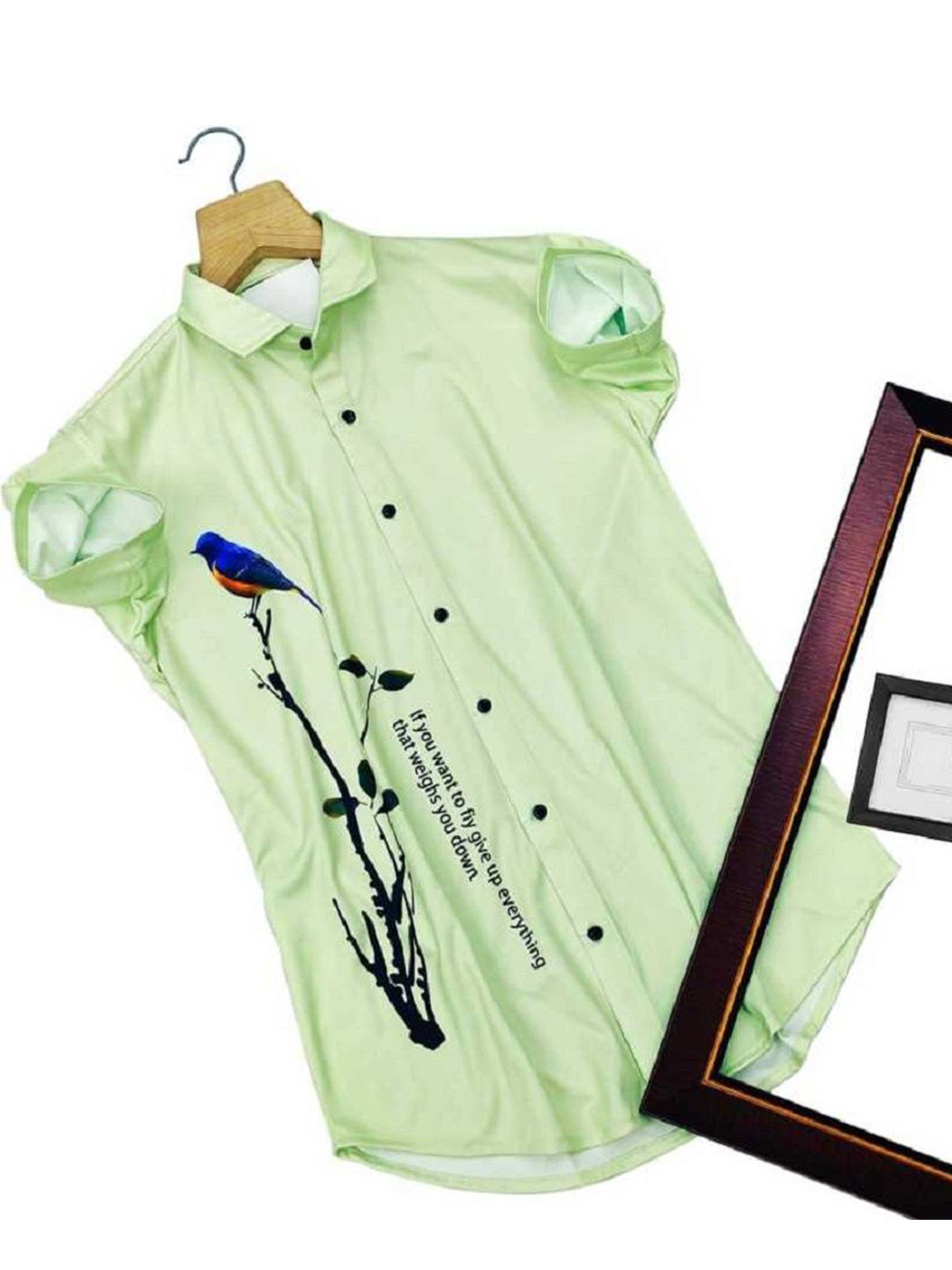 

iCome Men Spread Collar Graphic Printed Cotton Linen Casual Shirt, Green