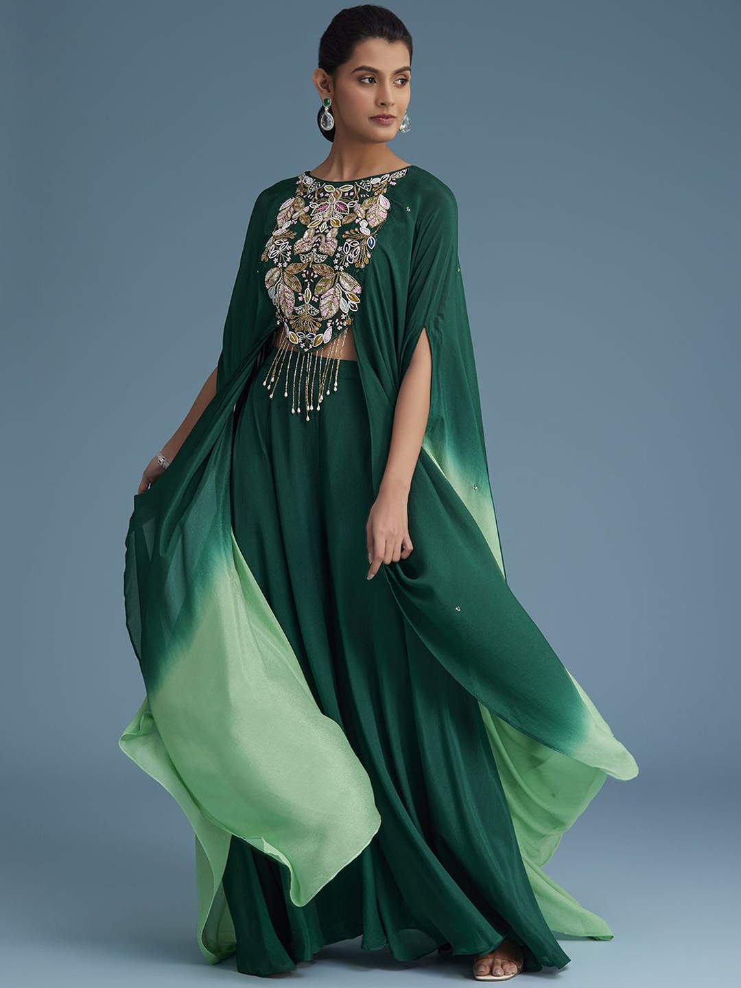 

KALKI Fashion Ombre Sleeves Crop Top With Palazzos, Green