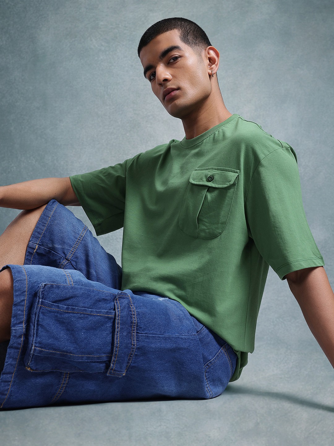 

The Roadster Life Co. Drop-Shoulder Sleeves Pure Cotton Relaxed T-shirt, Green