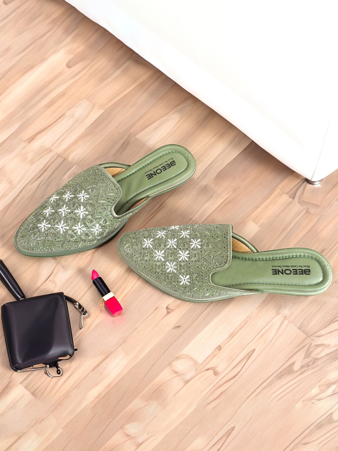 

Beeone Women Embellished Ballerinas with Embroidered, Olive