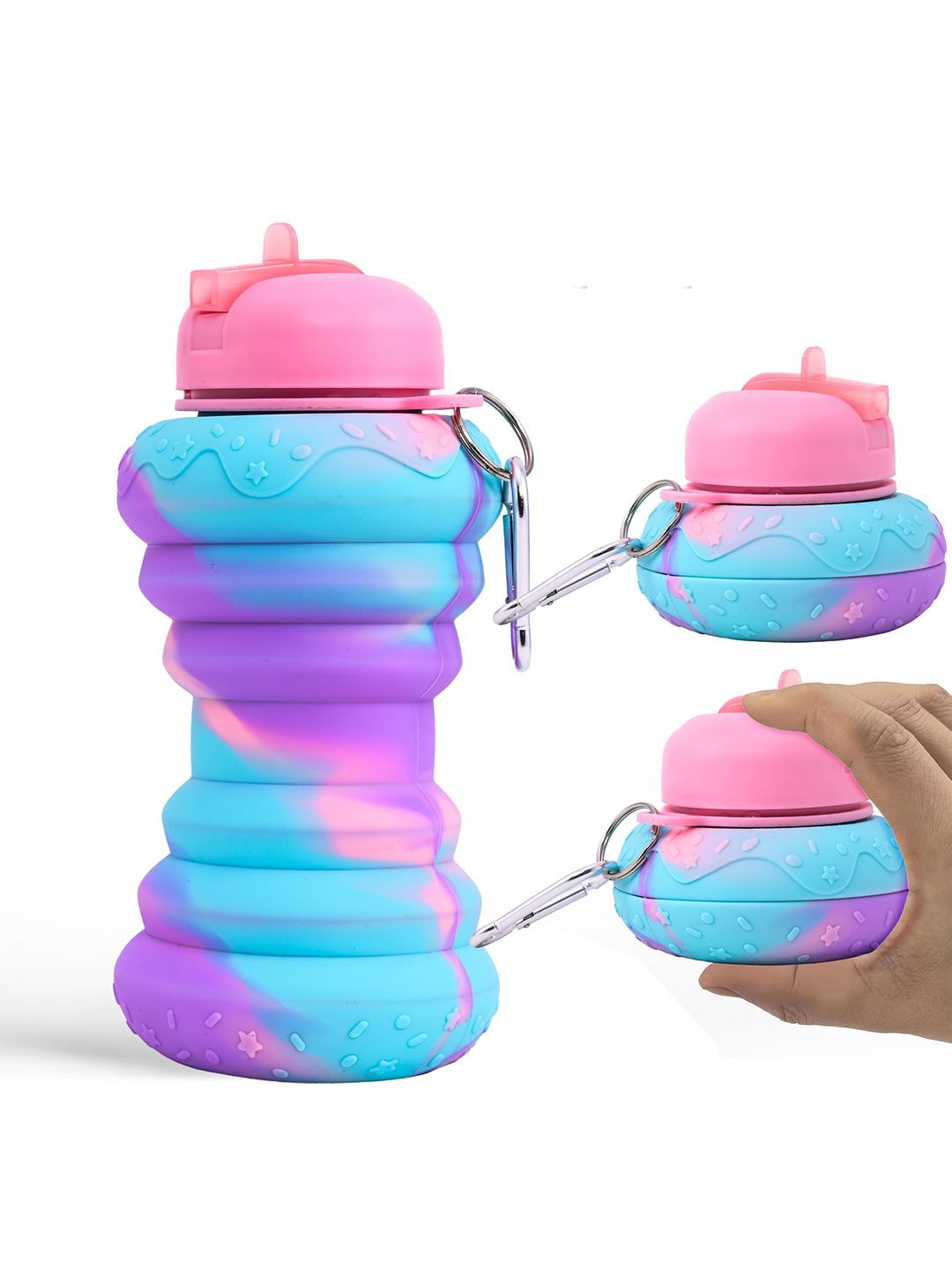 

Kuber Industries Pink Pack of 3 Printed Collapsible Water Bottles With Flip Cap-600ml Each