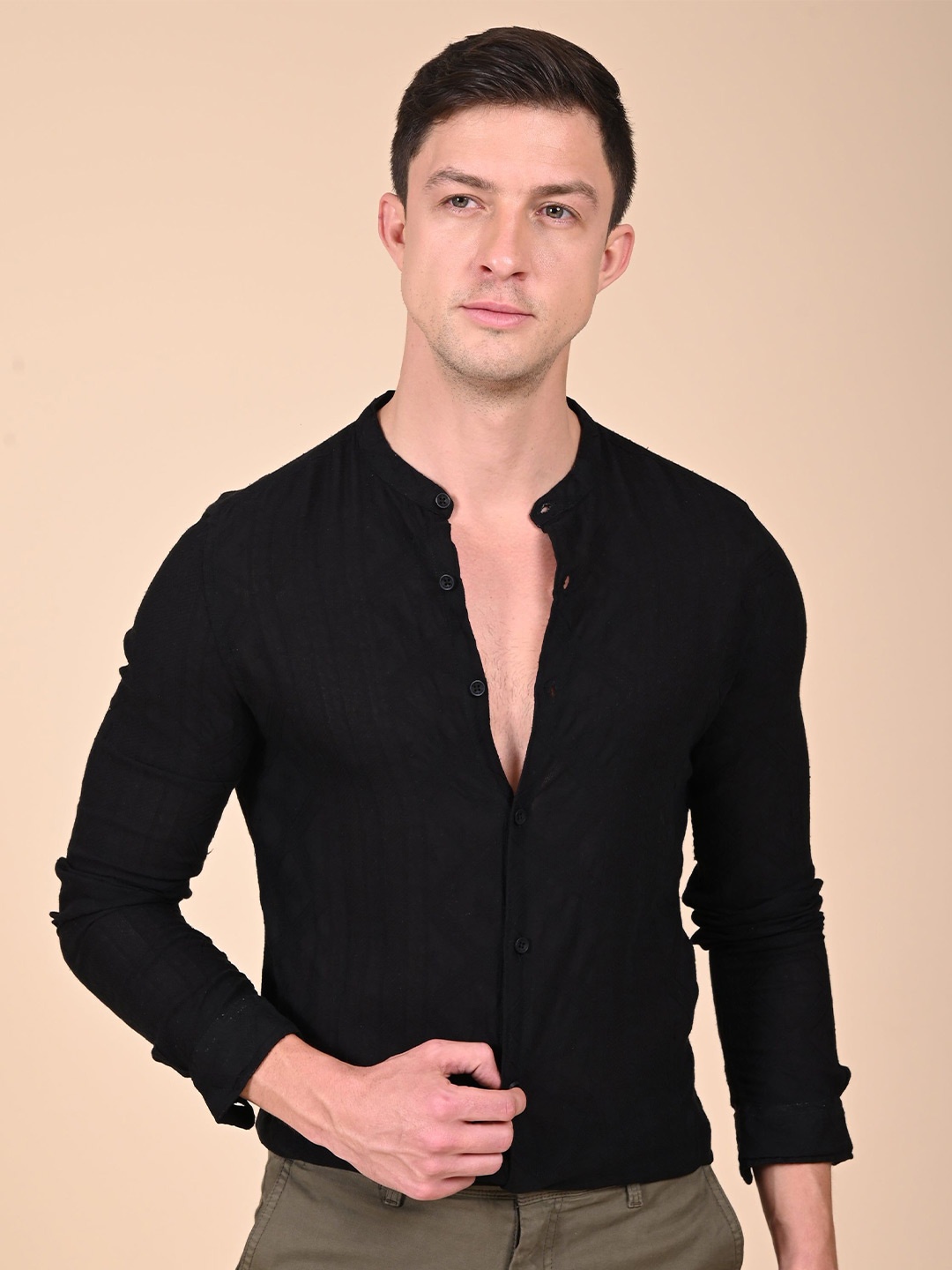 

POE Men Band Collar Vertical Striped Cotton Casual Shirt, Black