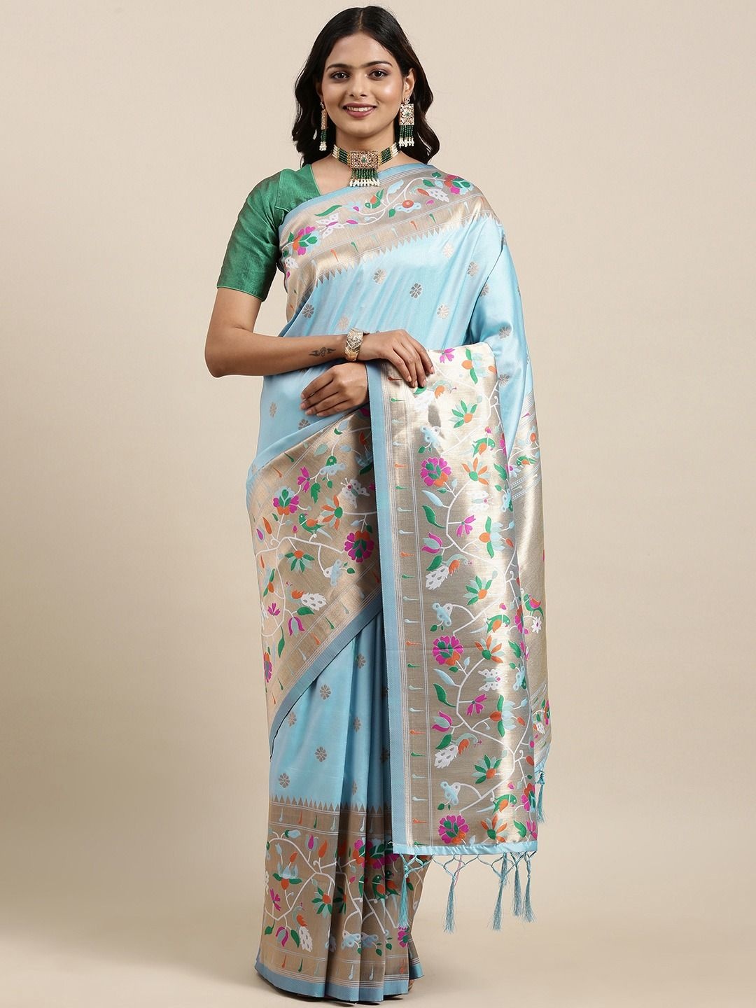 

DIVASTRI Ethnic Motifs Woven Design Zari Paithani Saree, Blue