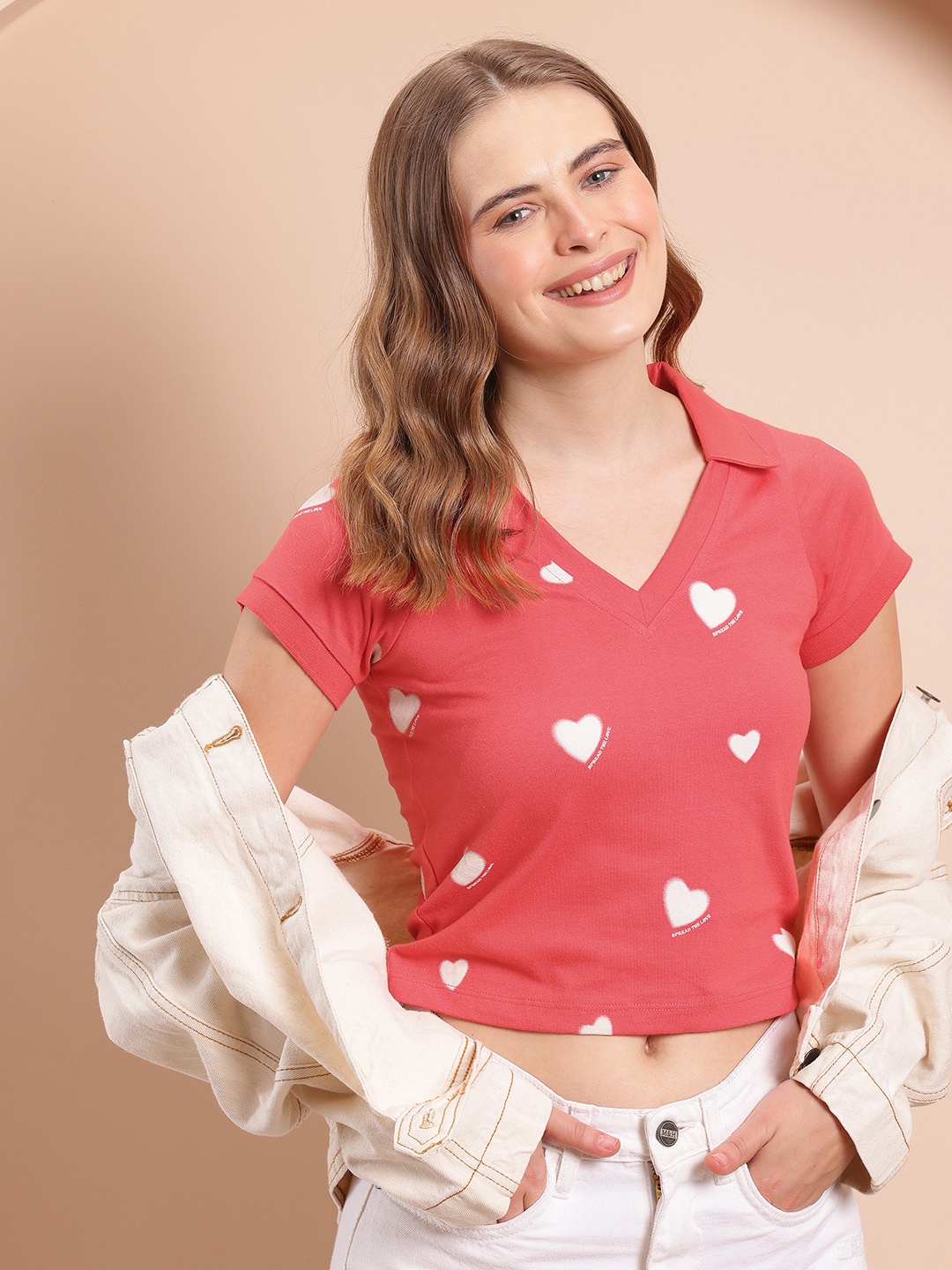 

Mast & Harbour Let's Twin Collection Hearts Printed Crop Polo Collar T-shirt, Red
