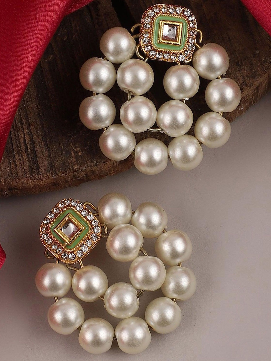

SHONA'S STYLE Brass-Plated Pearls Beaded Circular Shaped Drop Earrings, Sea green