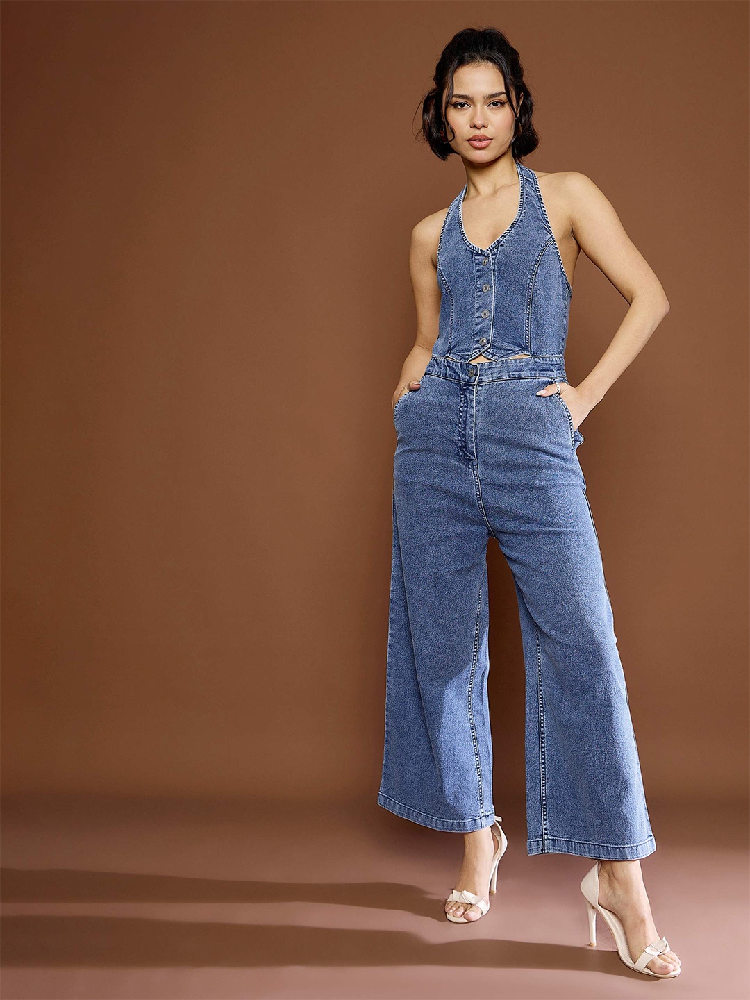 

SASSAFRAS Women Denim Basic Jumpsuit, Blue