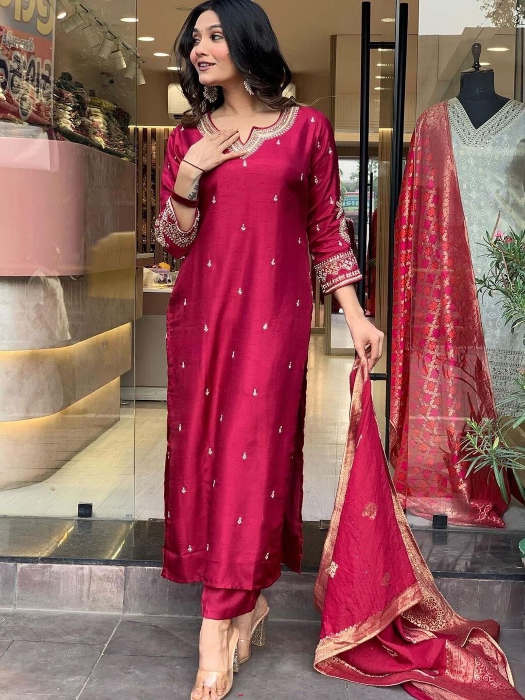 

ASCIIBLUES Floral Zari Embroidered Notch-Neck Kurta With Trousers & Dupatta, Maroon
