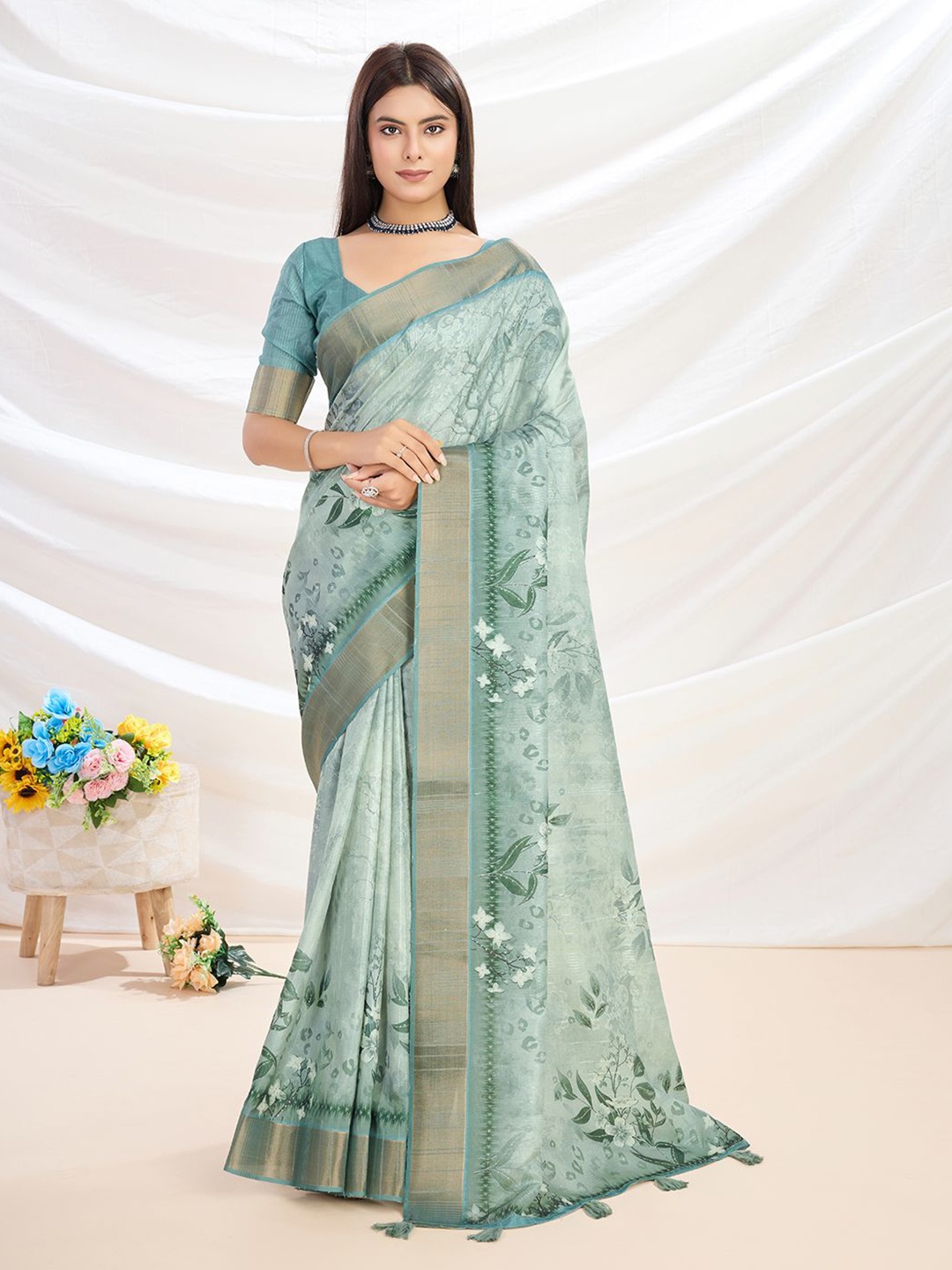 

KALINI Floral Silk Blend Designer Saree, Sea green