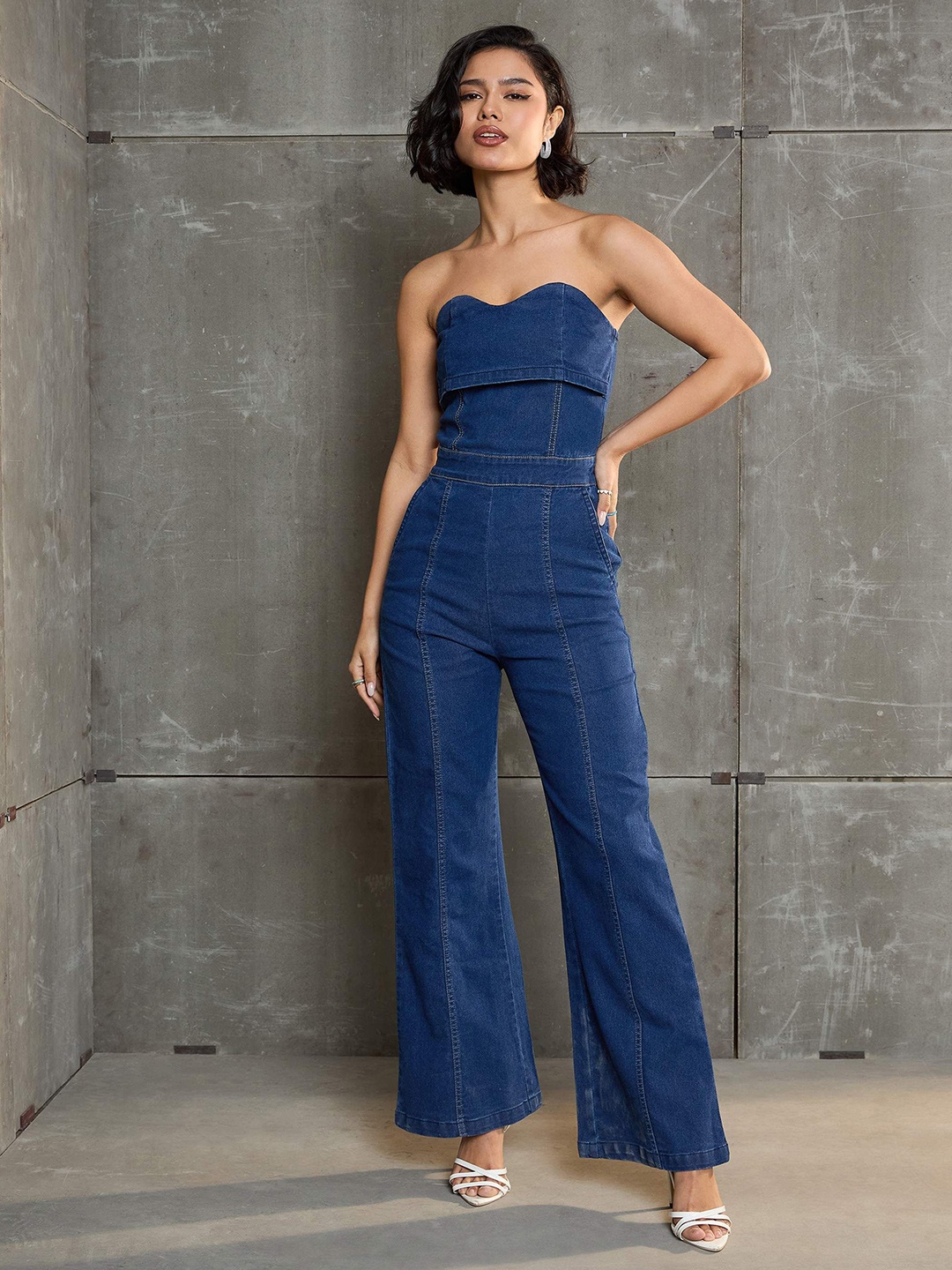 

SASSAFRAS Women Off-Shoulder Basic Jumpsuit, Blue