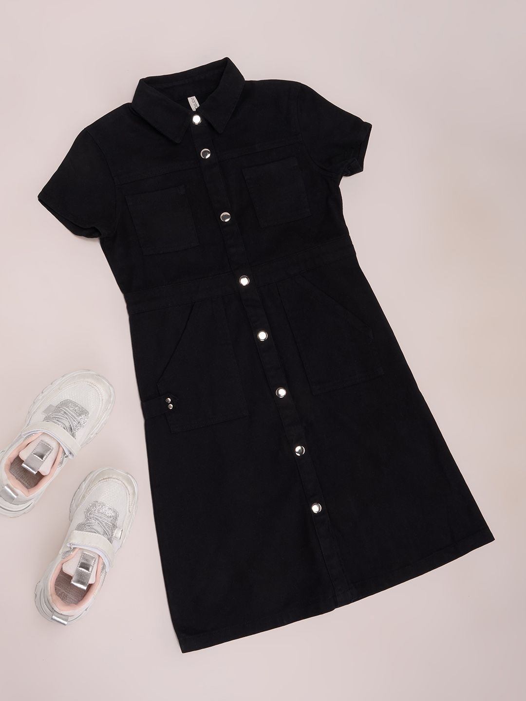 

Pantaloons Junior Girl Shirt Collar Denim Cotton Shirt Dress, Black