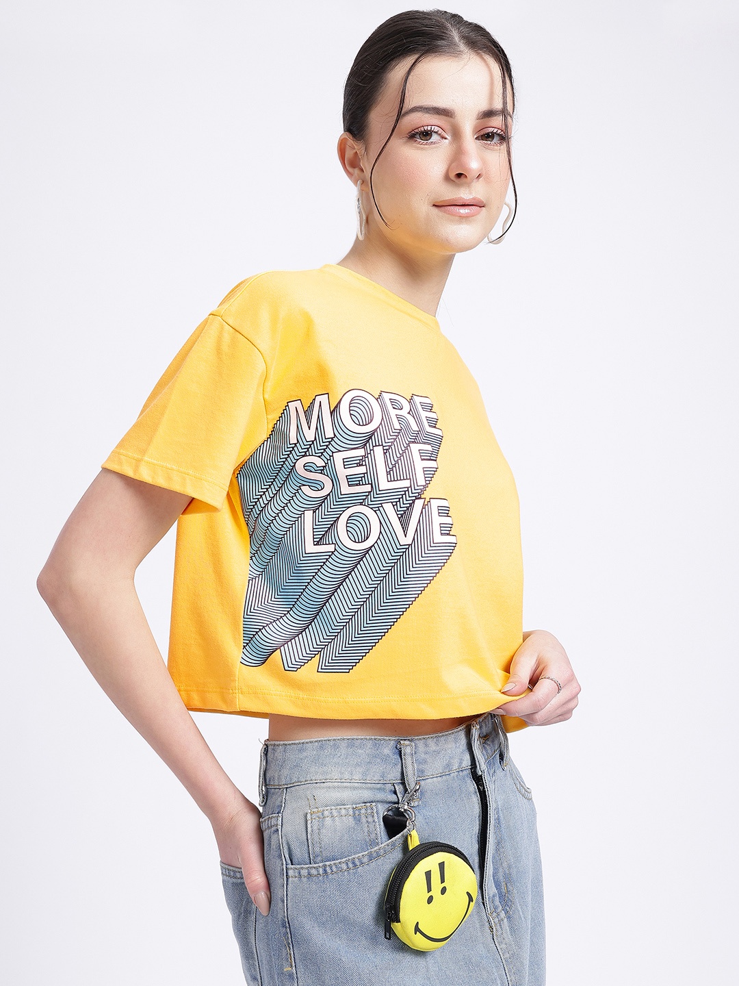 

glitchez Serene Typography Drop-Shoulder Sleeves Crop Boxy T-shirt, Yellow