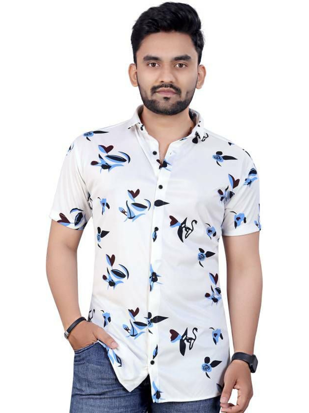 

iCome Men Slim Fit Spread Collar Floral Printed Casual Shirt, White