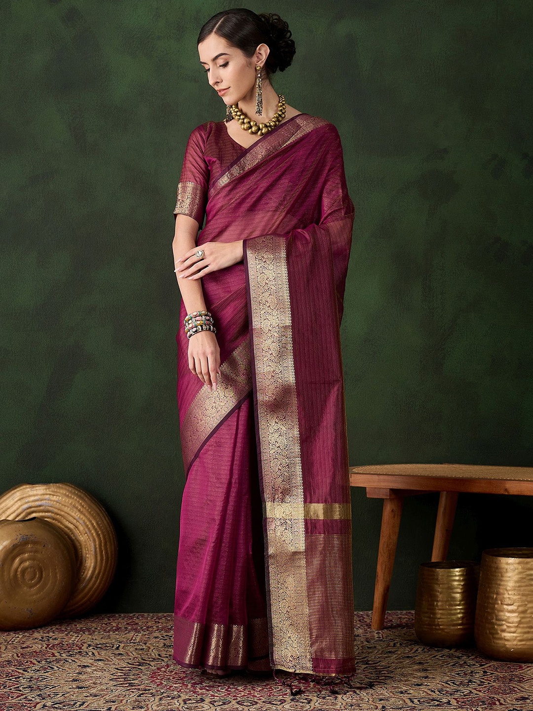 

MANVAA Woven Design Zari Organza Designer Saree, Magenta