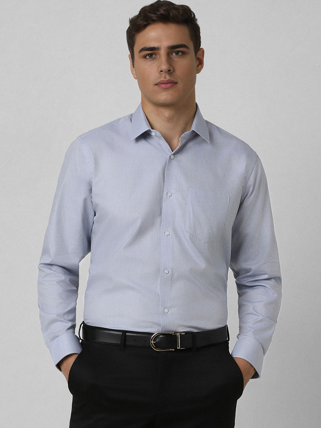 

Van Heusen Men Regular Fit Spread Collar Textured Cotton Formal Shirt, Blue