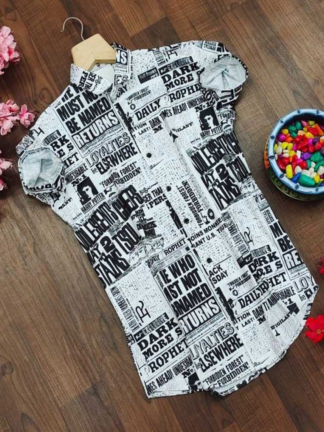 

iCome Men Spread Collar Typography Printed Cotton Linen Casual Shirt, White