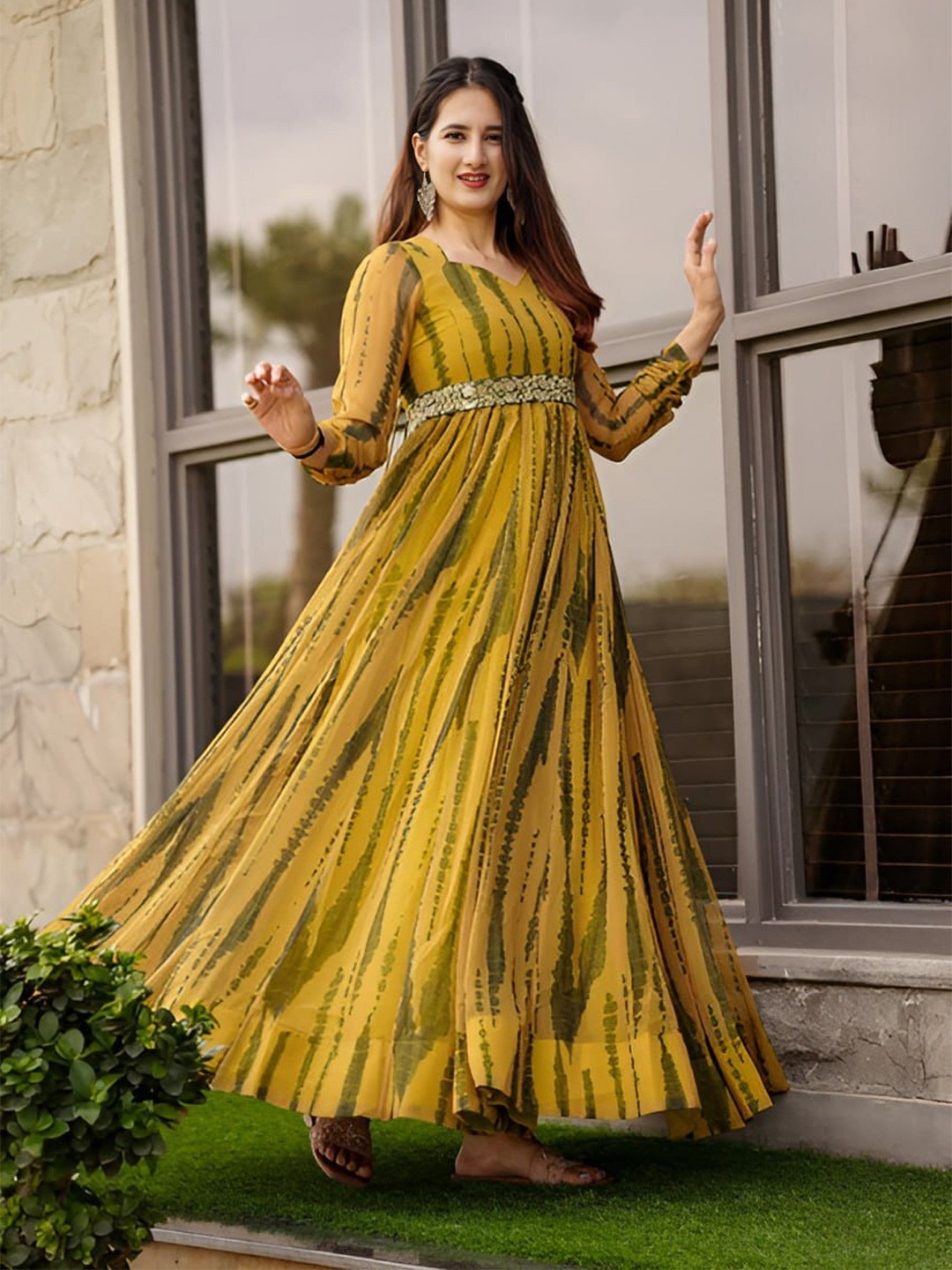

Krunal Raiyania Women Tie and Dye Printed Cotton Ethnic Maxi Dress, Yellow