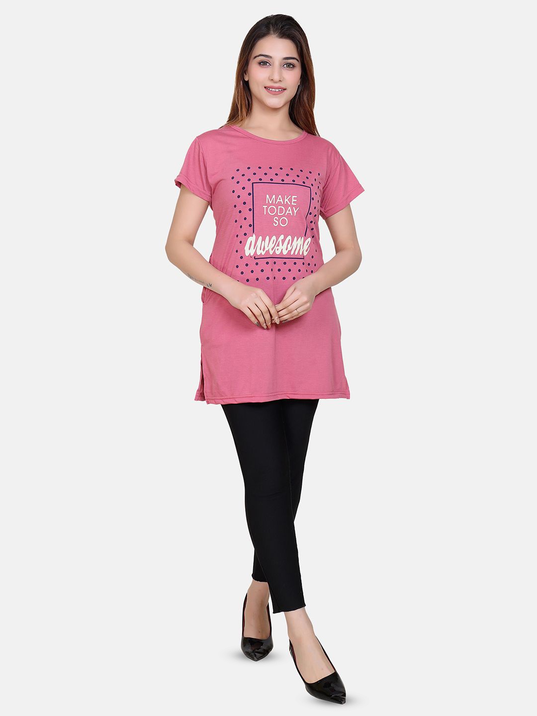 

Divine Girl Graphic Printed Cotton Longline T-Shirt, Pink