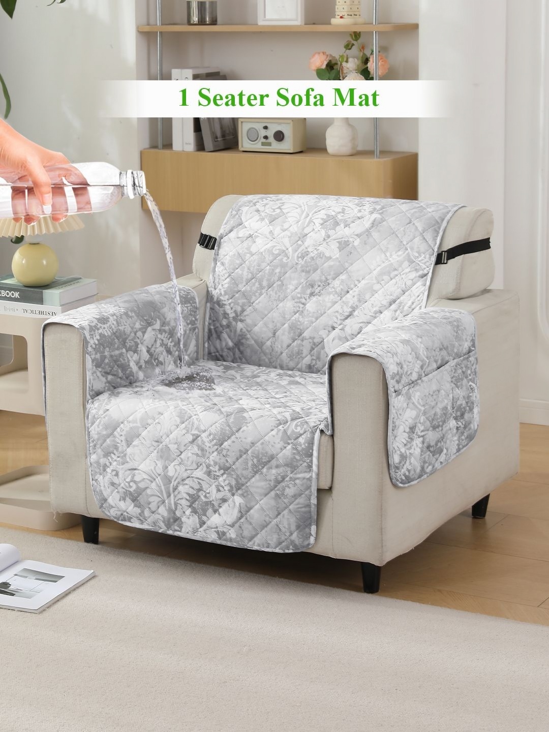 

HOKIPO Cloud Grey Printed Waterproof Sofa Mat for 1 Seater with Pockets on Armrest Cover