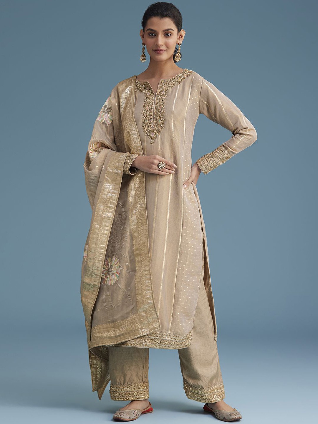 

KALKI Fashion Floral Embroidered Sequinned Tissue Straight Kurta With Trousers & Dupatta, Beige