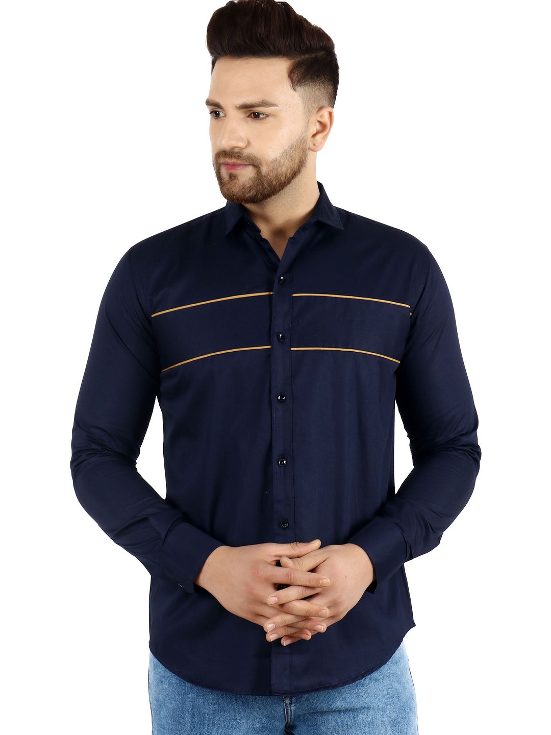 

Metronaut Men Regular Fit Spread Collar Horizontal Striped Cotton Casual Shirt, Navy blue
