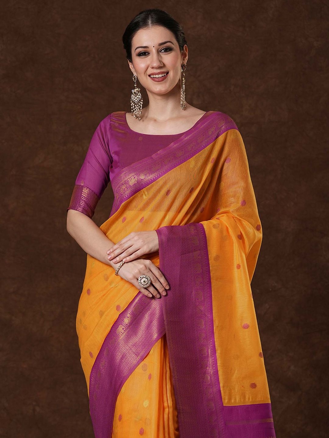 

Saree mall Ethnic Motifs Zari Maheshwari Sarees, Orange