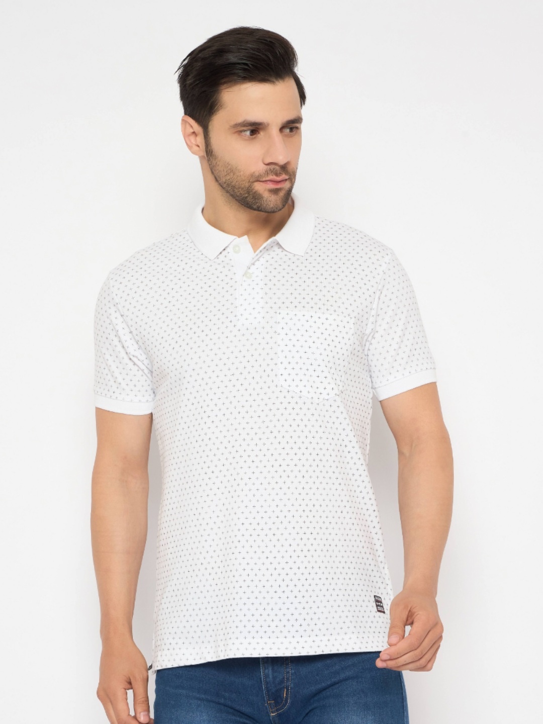 

NEVA Men Geometric Printed Polo Collar Cotton T-shirt, White
