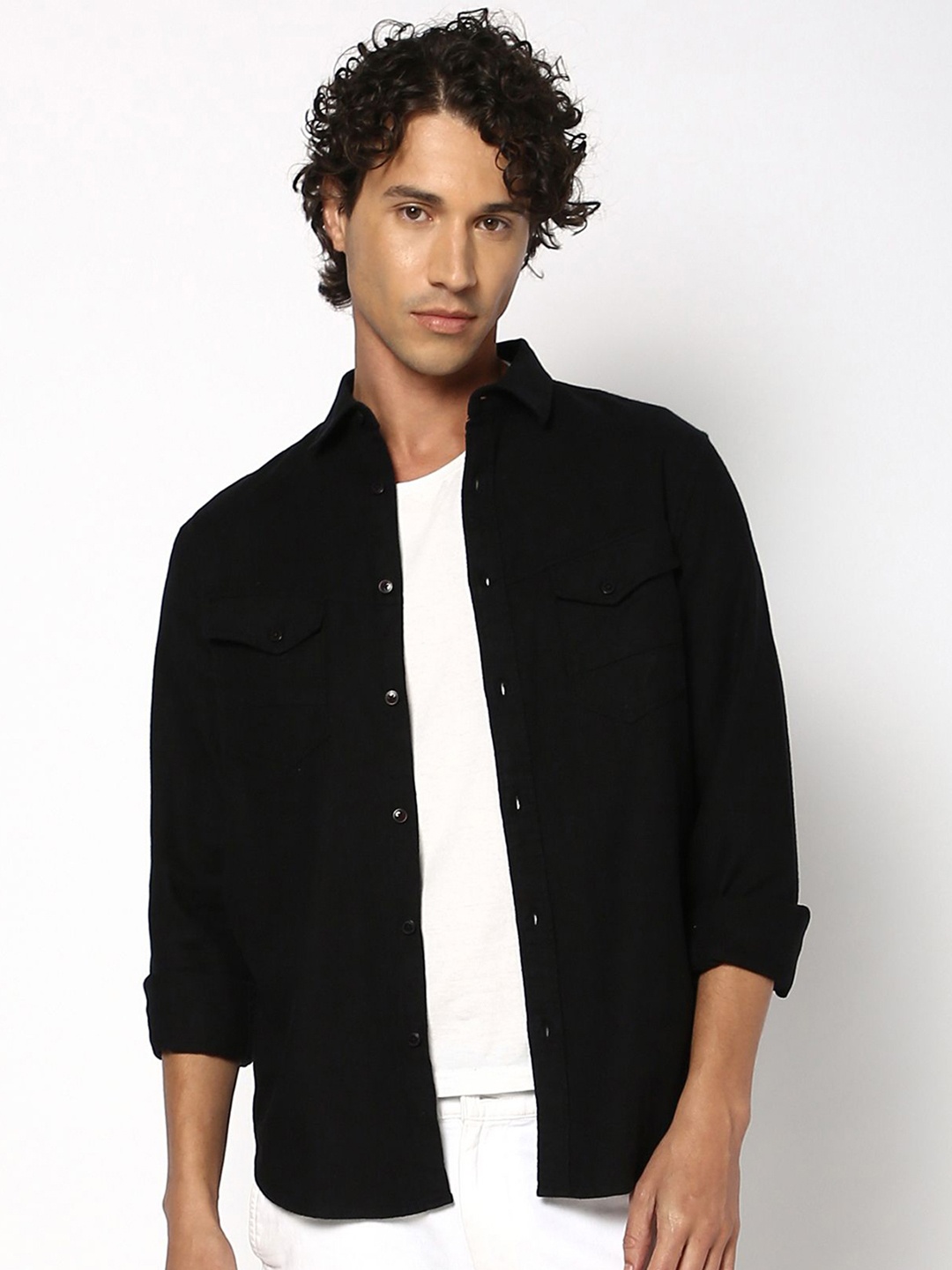 

Blue Buddha Men Spread Collar Solid Cotton Casual Shirt, Black