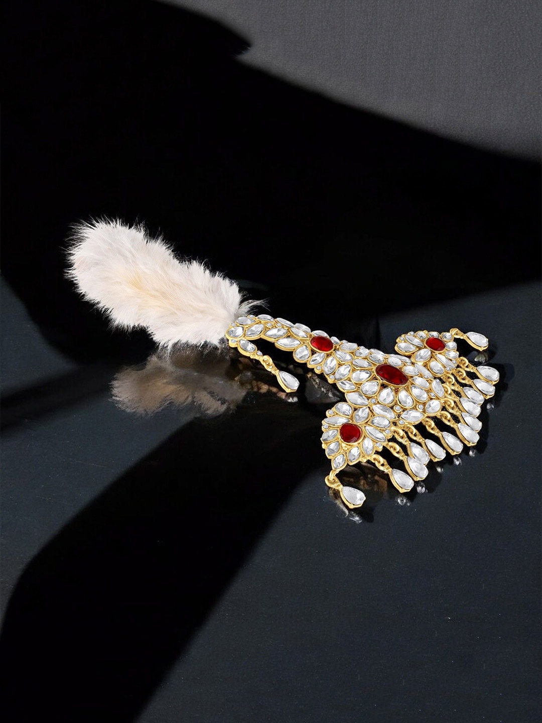 

Mahi Men Artificial Stones Studded Pheta Kalangi With Feather Statement Brooch, Gold