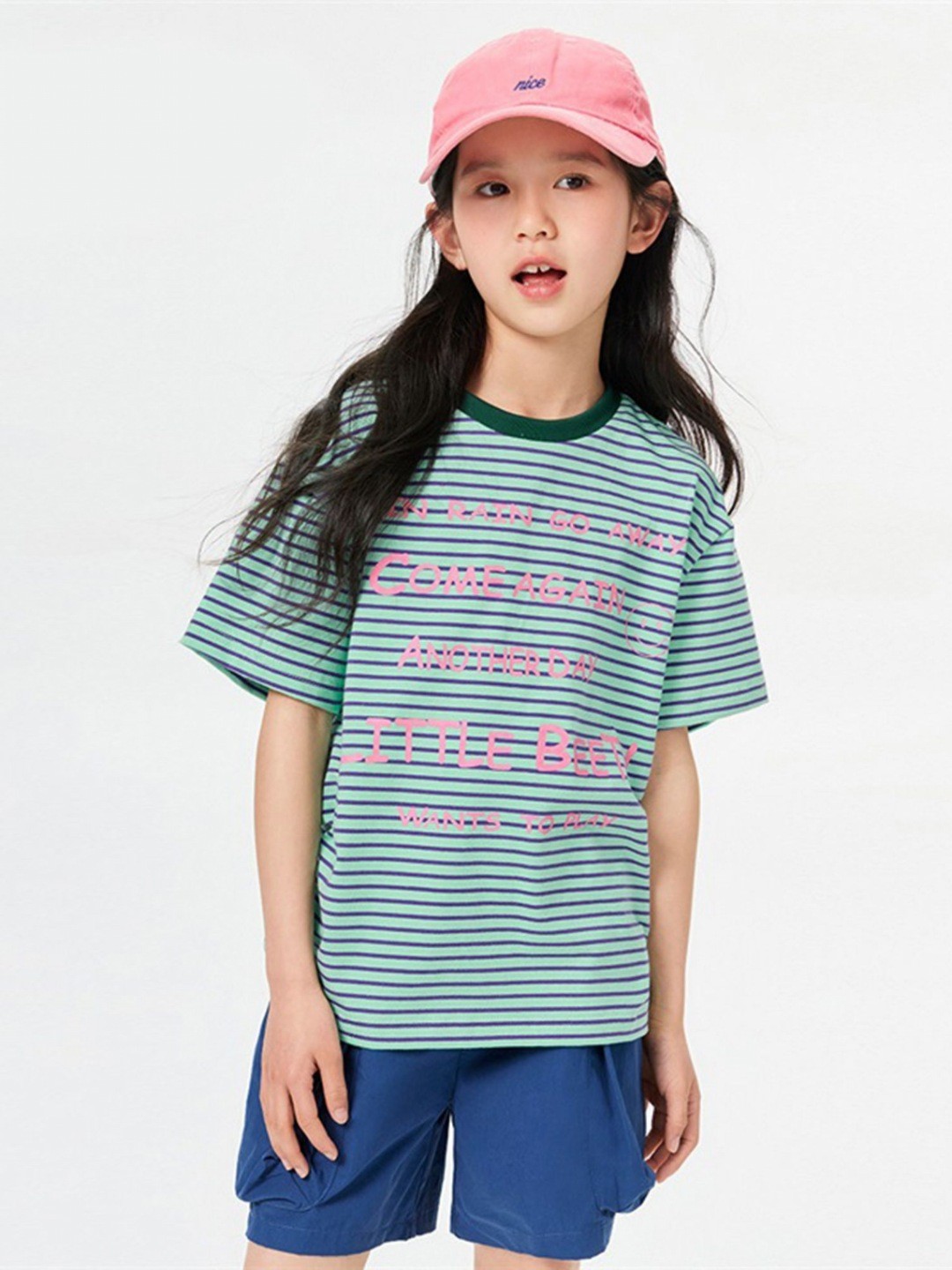 

LULU & SKY Girls Striped Round Neck Cotton Oversized T-shirt, Green