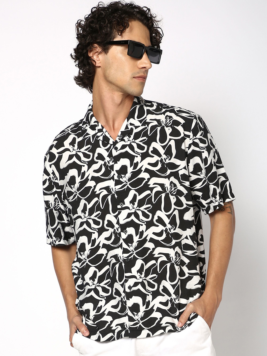 

Blue Buddha Men Relaxed Tailored Fit Cuban Collar Floral Printed Cotton Casual Shirt, Black