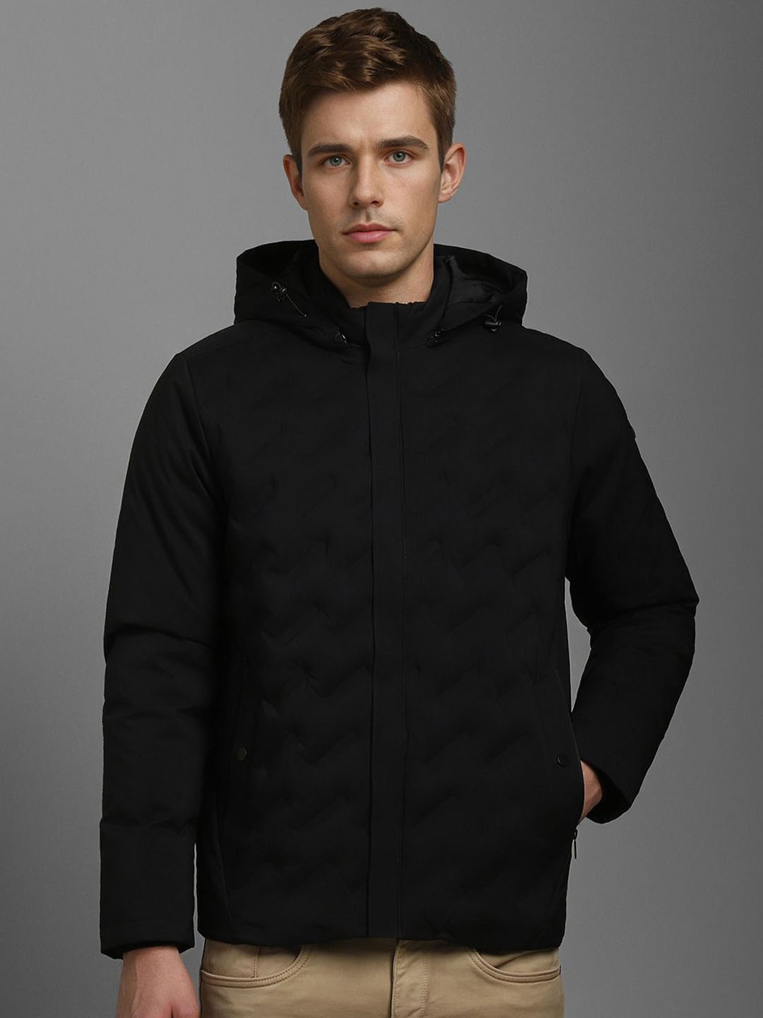 

Louis Philippe Men Hooded Solid Casual Puffer Jacket, Black