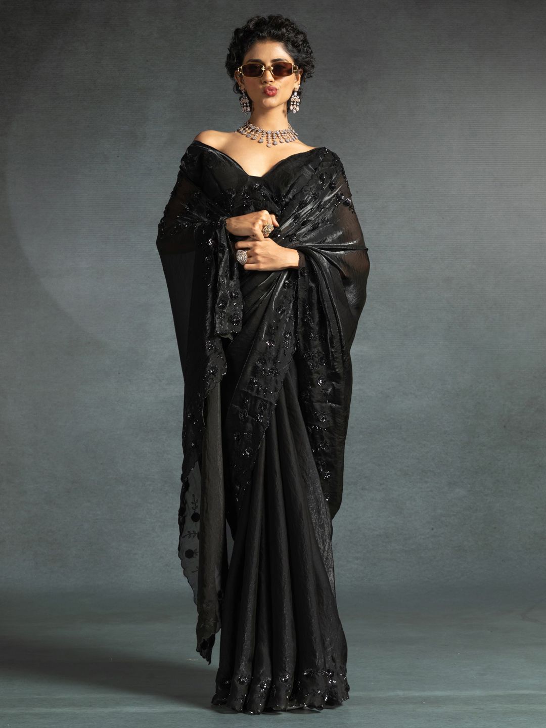 

Saree mall Embellished Sequinned Satin Designer Sarees, Black